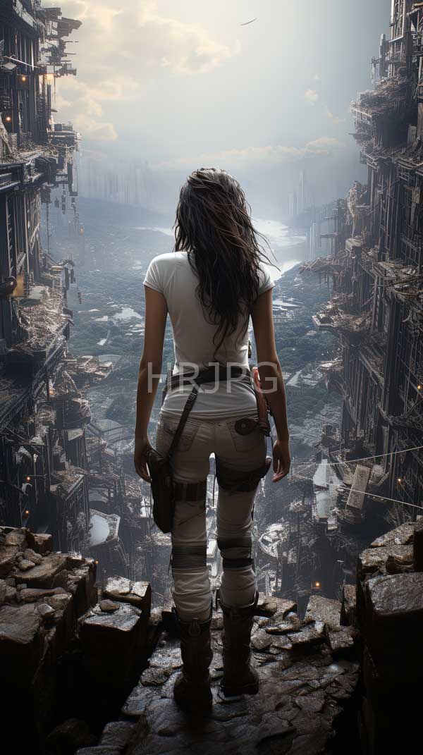 High Resolution: Woman with long wavy brown hair wears a white t-shirt white pants and brown boots standing on a rocky ledge facing a futuristic ruined cityscape download. | HRJPG.com