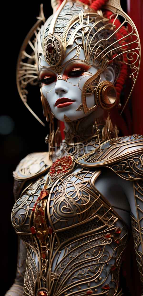 High Resolution: Blue-skinned androgynous figure with intricate gold and red ornate armor features red eyes red lips and a red feathered headdress download. | HRJPG.com
