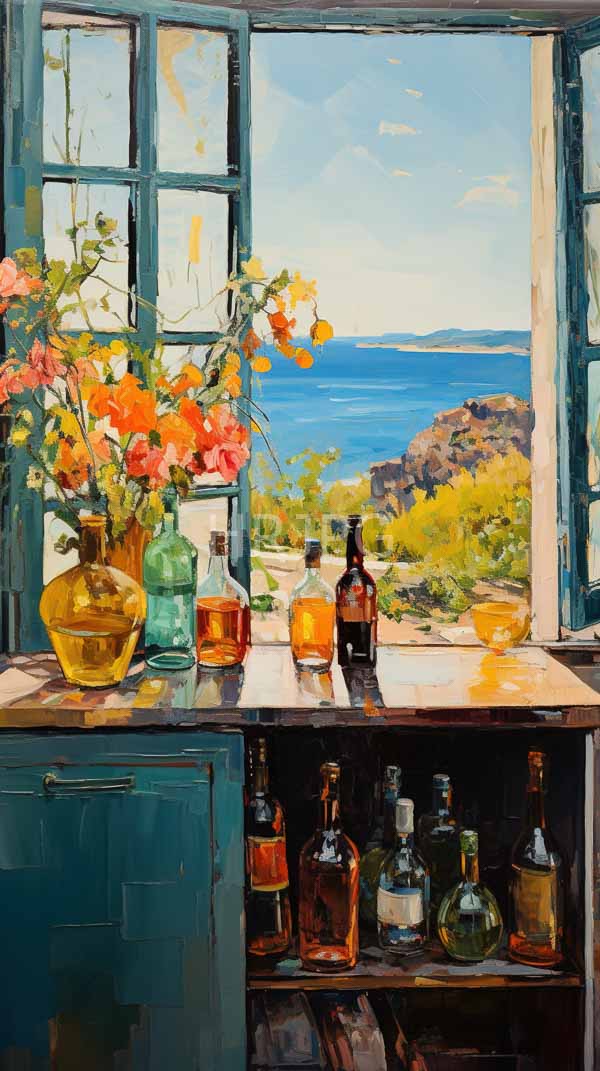 High Resolution: Impressionistic oil painting depicts a sunlit kitchen window with an open view of a blue ocean and colorful glass bottles on the wooden countertop download. | HRJPG.com