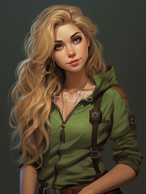 High Resolution: Beautiful young woman with long wavy blonde hair green eyes and fair skin wears a green zip-up hoodie with brown suspenders download. | HRJPG.com