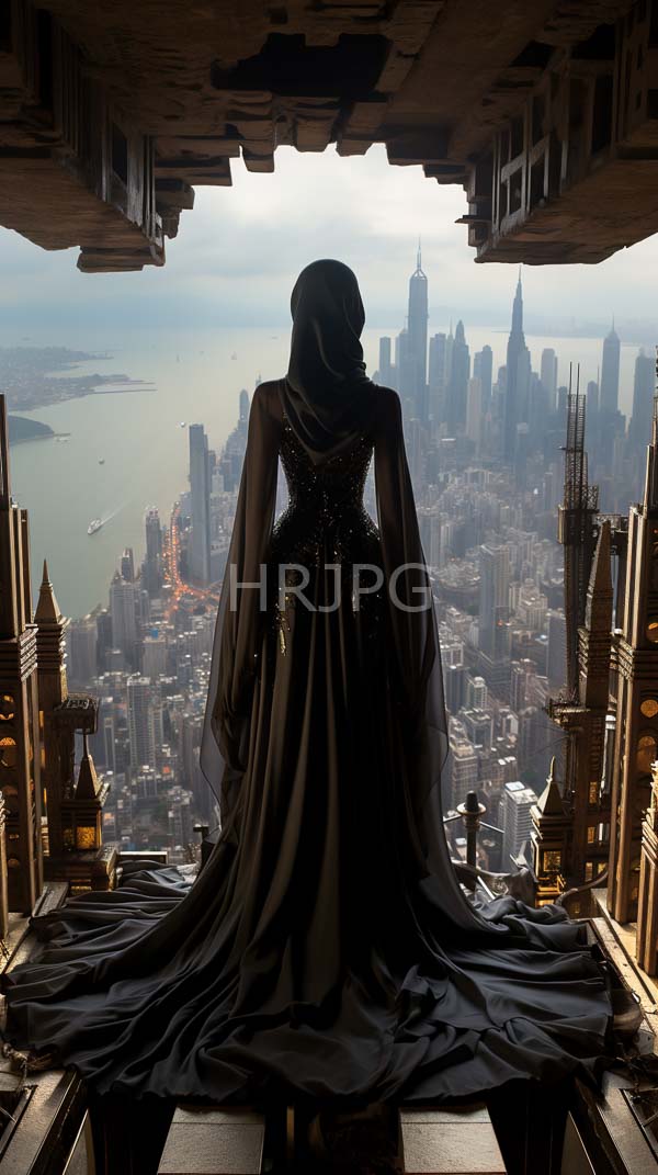 High Resolution: Woman in a black floor-length sheer gown with long sleeves stands on a Gothic-style balcony overlooking a foggy futuristic New York City skyline download. | HRJPG.com