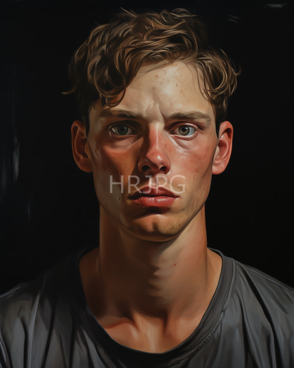 High Resolution: Young Caucasian man with light brown wavy hair green eyes and a serious expression wears a gray slightly wrinkled t-shirt download. | HRJPG.com