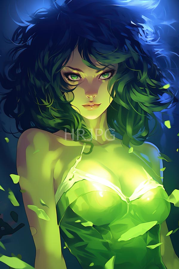 High Resolution: Young woman with wavy dark green hair and glowing green eyes wears a translucent green strapless top highlighting her form download. | HRJPG.com