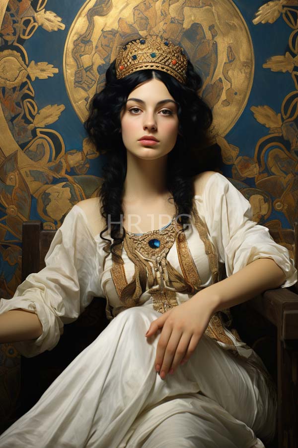 High Resolution: Young woman with pale skin and long wavy black hair wearing a gold and blue jeweled crown sits on a wooden chair dressed in a white ancient Greek-style gown download. | HRJPG.com