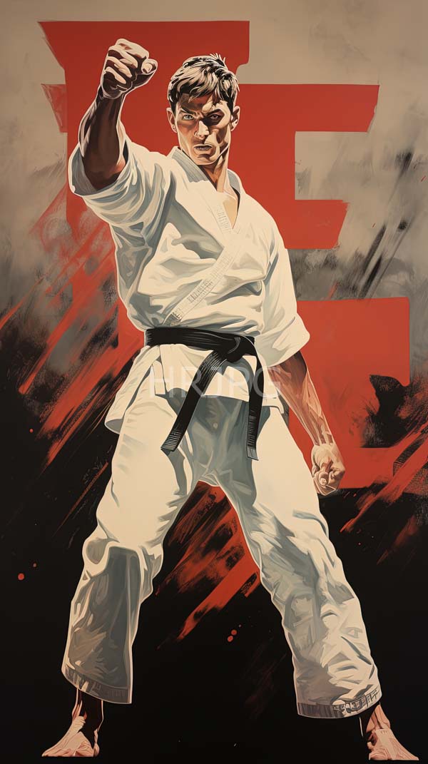 High Resolution: Muscular light-skinned male karate practitioner with short brown hair wearing a white gi with a black belt strikes a powerful front kick download. | HRJPG.com