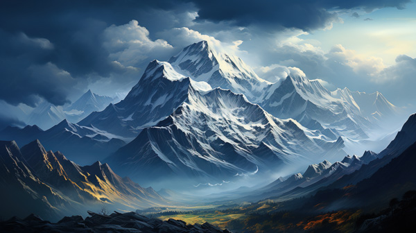 High Resolution: Majestic mountain range with towering snow-capped peaks under a dramatic cloudy sky is illuminated by sunlight breaking through the clouds download. | HRJPG.com