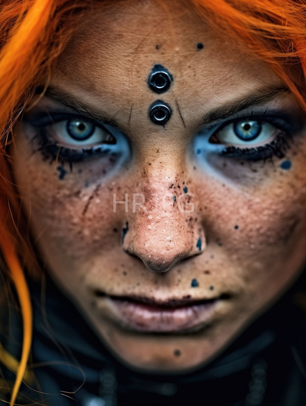 High Resolution: Close-up of a freckled pale-skinned woman with striking blue eyes and vibrant orange hair has black makeup and circular piercings on her forehead download. | HRJPG.com