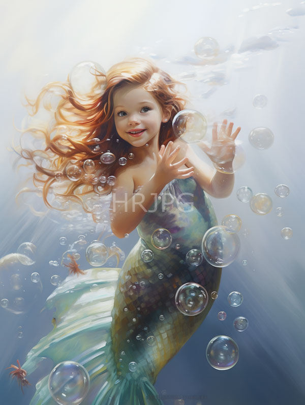 High Resolution: Smiling young fair-skinned mermaid with long flowing red hair wears a shimmering green and purple tail floating underwater surrounded by bubbles download. | HRJPG.com
