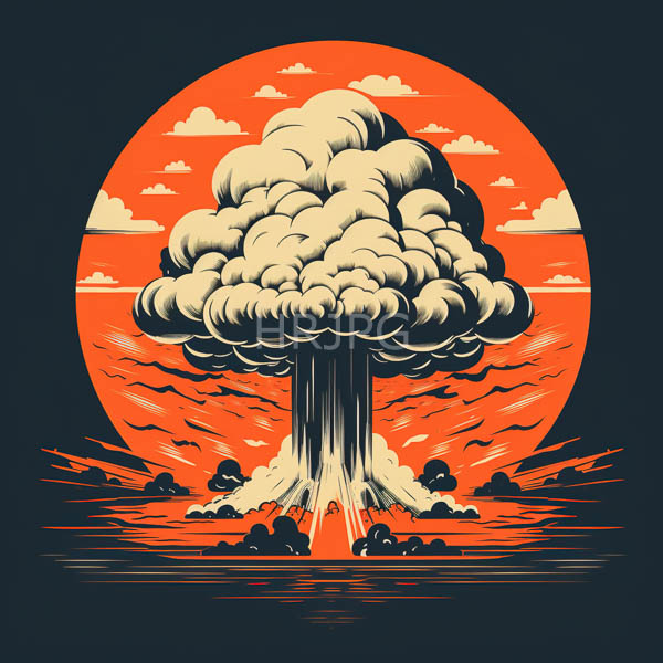 High Resolution: Retro pop-art style illustration depicts a massive dark gray cloud explosion with a thick vertical plume centered against a bright orange circular sun download. | HRJPG.com