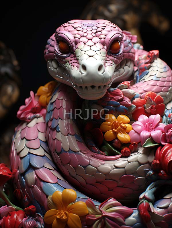 High Resolution: Vividly colored pink and white-scaled snake adorned with bright red yellow and pink flowers has large orange eyes and detailed scales download. | HRJPG.com