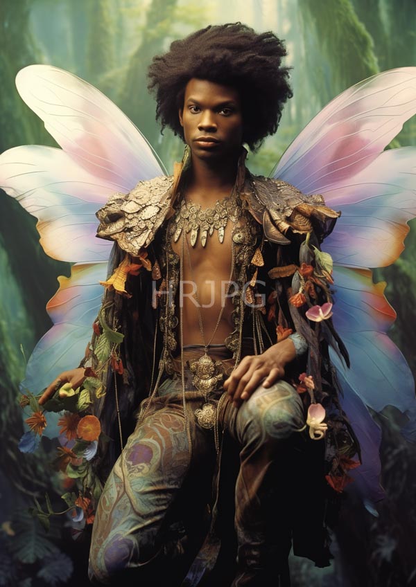 High Resolution: Dark-skinned Afro-haired man with large colorful butterfly wings wears ornate floral-patterned armor and a necklace kneeling in a lush green forest download. | HRJPG.com