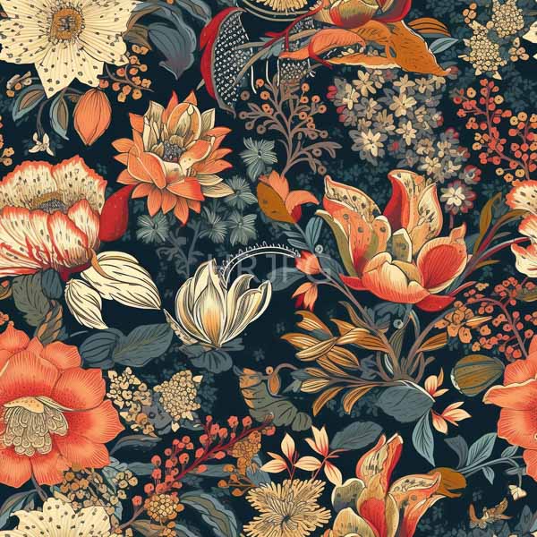 High Resolution: Intricate vibrant floral pattern showcases a variety of large detailed flowers in shades of red orange yellow and white against a deep navy blue background download. | HRJPG.com