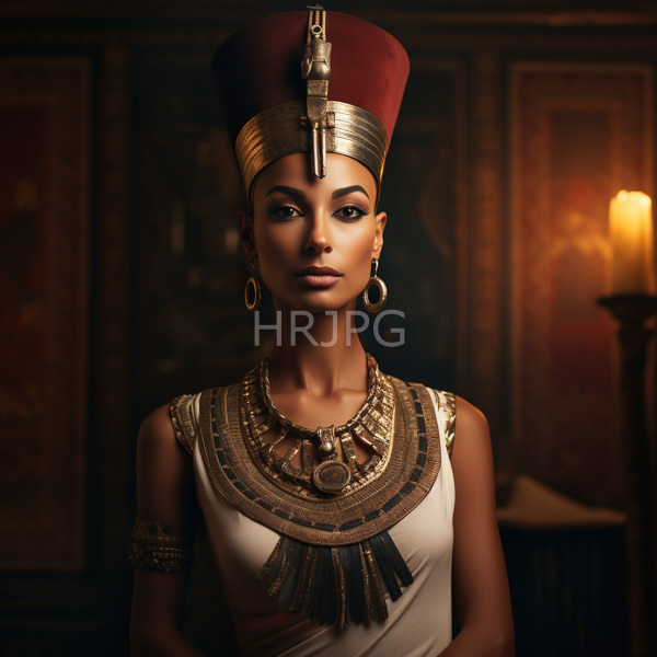 High Resolution: Young dark-skinned woman with an elegant regal appearance wears an ancient Egyptian-inspired outfit with a tall red and gold headdress and ornate necklace download. | HRJPG.com