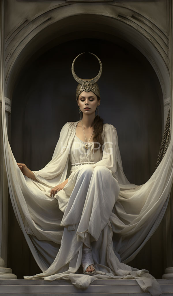 High Resolution: Serene light-skinned woman with long brown hair wearing a white flowing ancient Greek-style dress and a large ornate gold headpiece sits in a stone archway download. | HRJPG.com