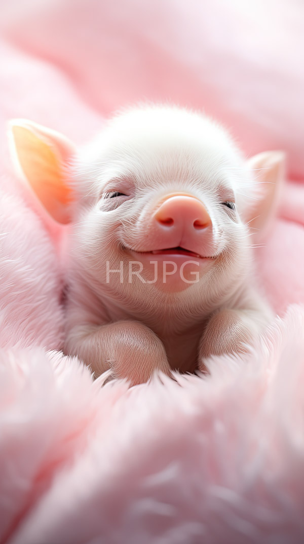 High Resolution: Sleeping white piglet with closed eyes and a small pink snout is nestled in a soft pink fluffy blanket with small orange-tipped ears download. | HRJPG.com