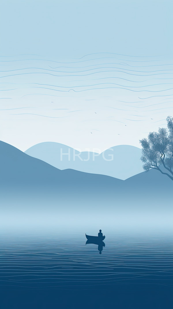 High Resolution: Minimalist style artwork depicts a solitary figure in a small boat reflected in calm blue-tinted water with misty layered mountains in the background download. | HRJPG.com