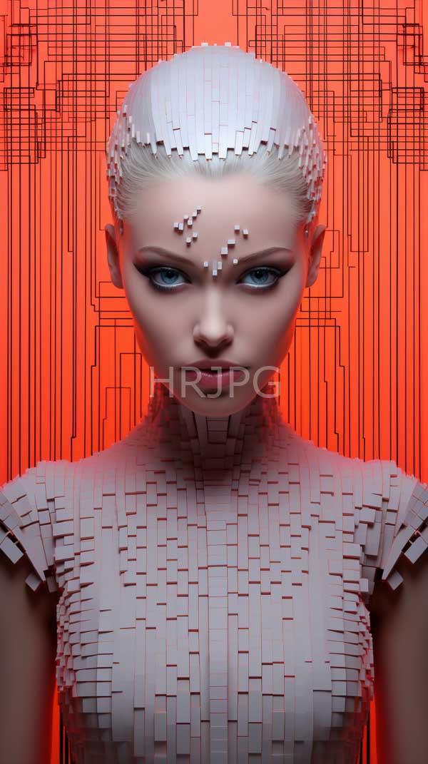 High Resolution: Pale-skinned blonde woman with blue eyes wears a futuristic pixelated pink dress that resembles a 3D puzzle with her hair styled in a sleek pixel-patterned bun download. | HRJPG.com