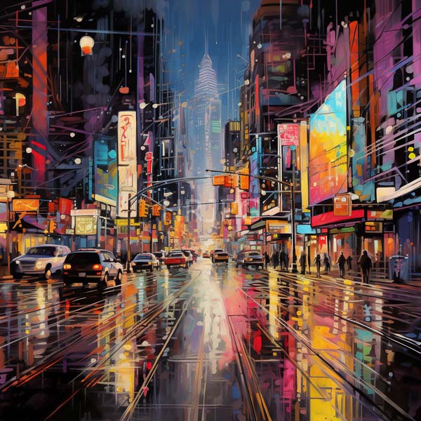 High Resolution: Vibrant rainy city street at night features bright neon signs in red blue and yellow illuminating tall buildings with reflections shimmering on the wet street download. | HRJPG.com