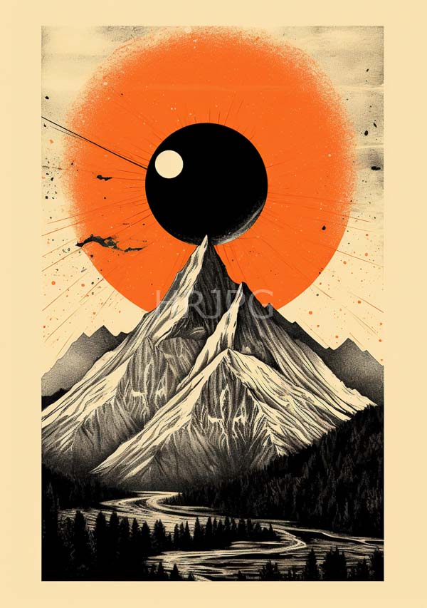 High Resolution: Vintage graphic style illustration features a tall snow-capped mountain centered beneath a large vibrant orange sun partially eclipsed by a black circle download. | HRJPG.com