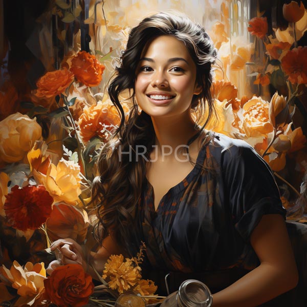 High Resolution: Smiling young woman with long wavy brown hair wears a dark blue patterned blouse surrounded by vibrant orange and yellow flowers download. | HRJPG.com