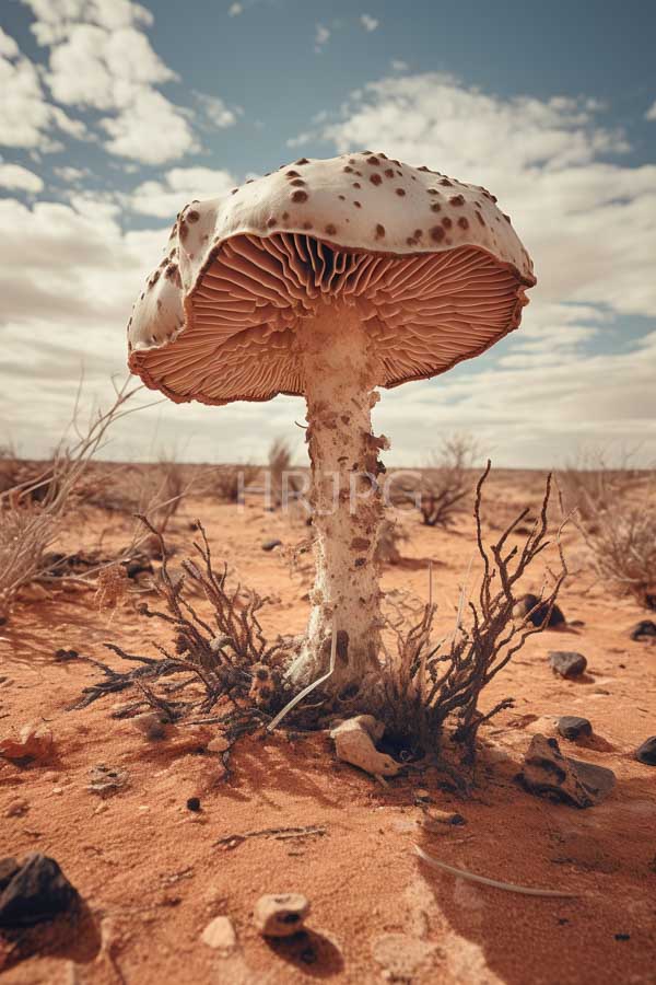 High Resolution: Large white-spotted mushroom with a textured ribbed underside stands in a desert with orange sand sparse dry vegetation and a partly cloudy blue sky download. | HRJPG.com