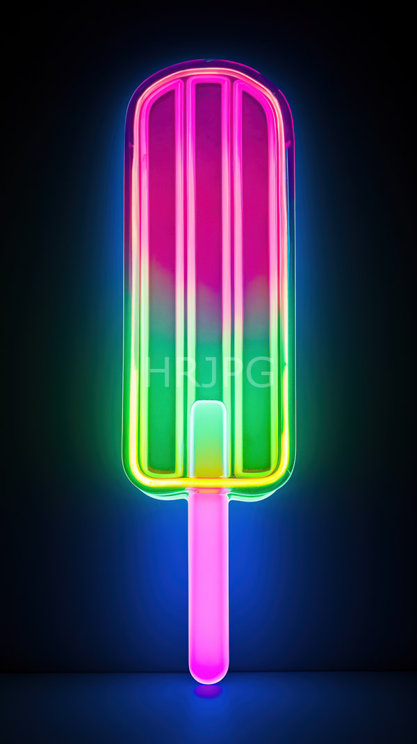 High Resolution: Neon-lit popsicle against a dark blue background features vibrant gradient colors transitioning from pink to green and magenta creating a glowing effect download. | HRJPG.com