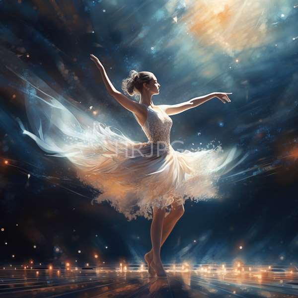 High Resolution: Graceful ballerina in a flowing white lace-embellished dress dances on a reflective stage illuminated by ethereal starry light from above download. | HRJPG.com