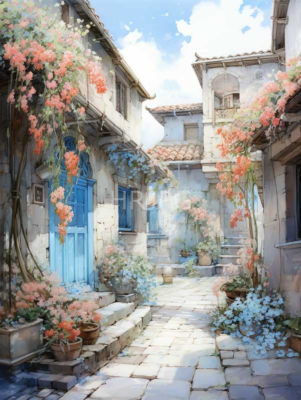 High Resolution: Watercolor-style painting of a quaint narrow alleyway in a Mediterranean village is lined with old stone buildings and cascading vibrant pink and orange flowers download. | HRJPG.com