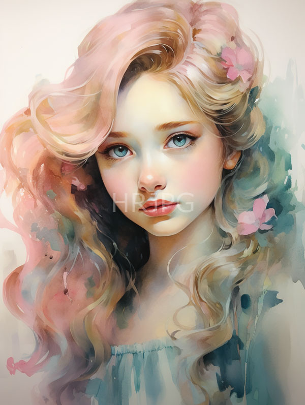 High Resolution: Young woman with fair skin large blue eyes and soft pink lips has long wavy hair in pastel shades of pink blonde and green adorned with small pink flowers download. | HRJPG.com