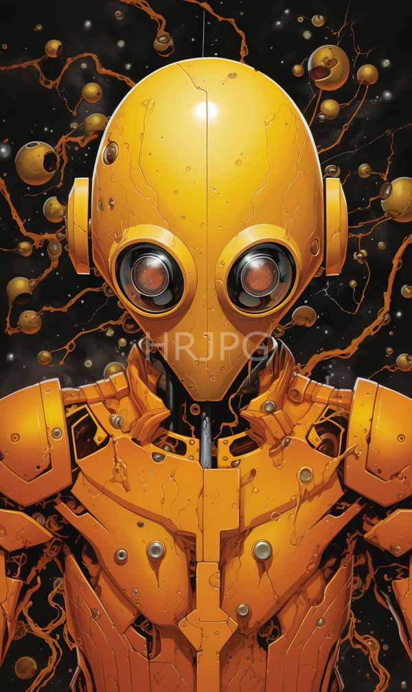 High Resolution: Yellow humanoid robot with a smooth dome-shaped head large circular eyes and intricate mechanical joints has small round golden spheres floating around it download. | HRJPG.com