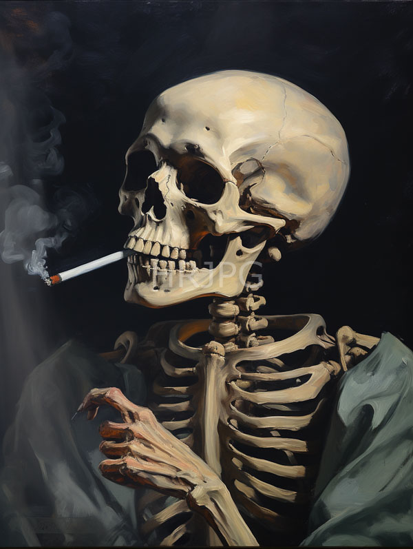 High Resolution: Painting of a human skull with a lit cigarette in its mouth emitting smoke is draped in a greenish cloth with its ribcage and spine visible download. | HRJPG.com