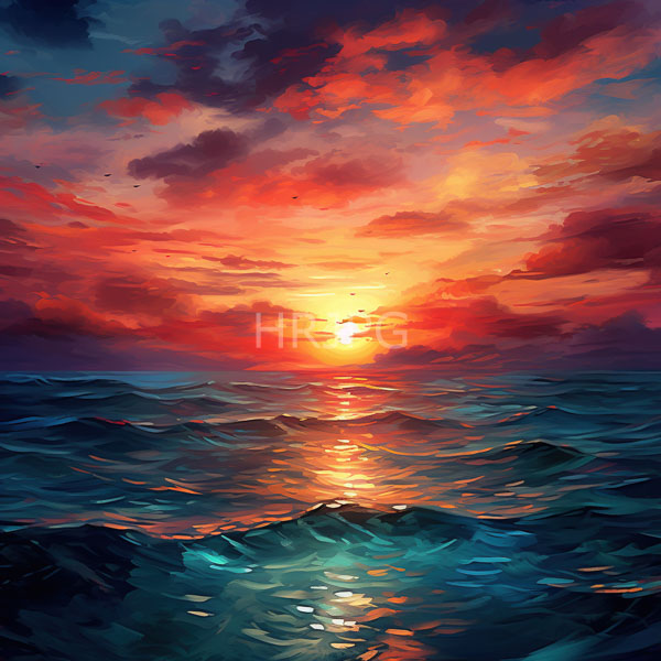 High Resolution: Vibrant sunset over a choppy ocean features the sky filled with dramatic colorful clouds in reds oranges and purples with the sun reflecting on the water download. | HRJPG.com