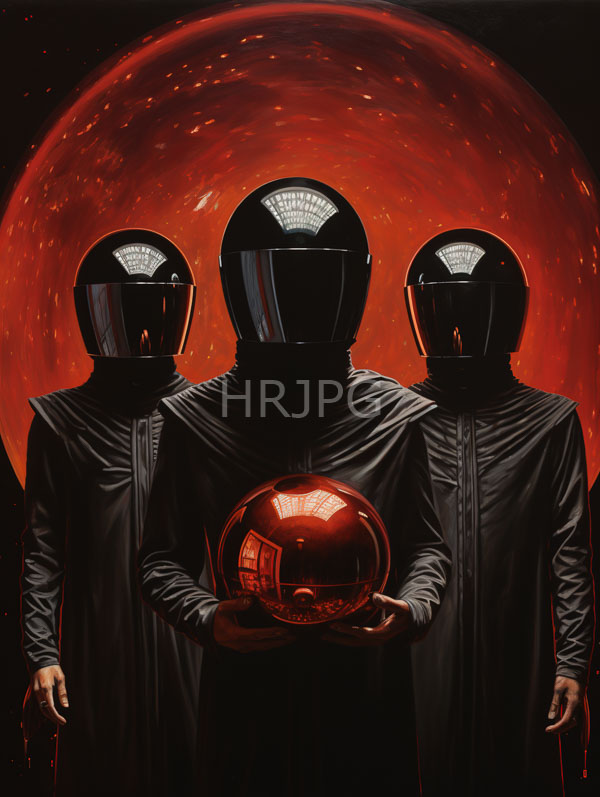 High Resolution: Three anonymous figures in black reflective helmets and cloaks stand before a large glowing red sphere with the central figure holding a smaller sphere download. | HRJPG.com