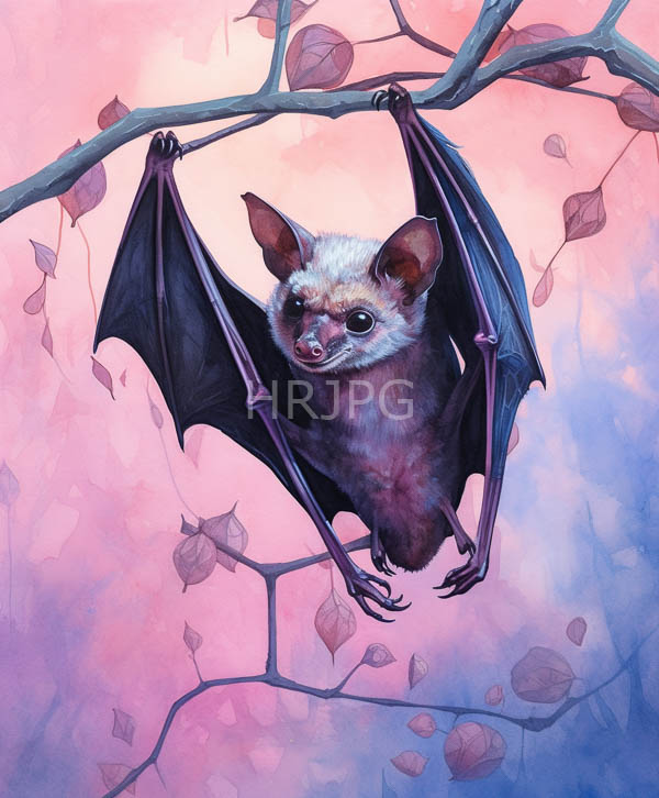 High Resolution: Cute small brown bat with large ears and dark wings hangs from a tree branch by its claws against a gradient of pink and purple hues download. | HRJPG.com