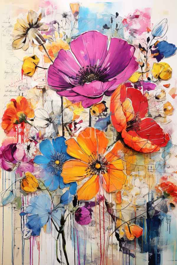 High Resolution: Vibrant abstract watercolor painting features a dense bouquet of colorful flowers in dominant shades of purple orange blue and red with layered petals download. | HRJPG.com