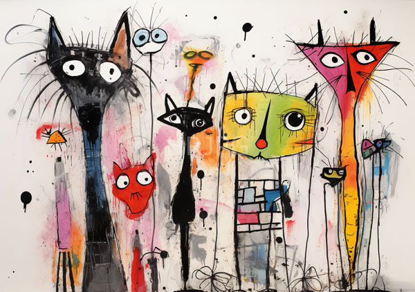 High Resolution: Colorful abstract drawing features seven whimsical tall and slender cats with exaggerated expressive eyes in various colors and elongated angular bodies download. | HRJPG.com