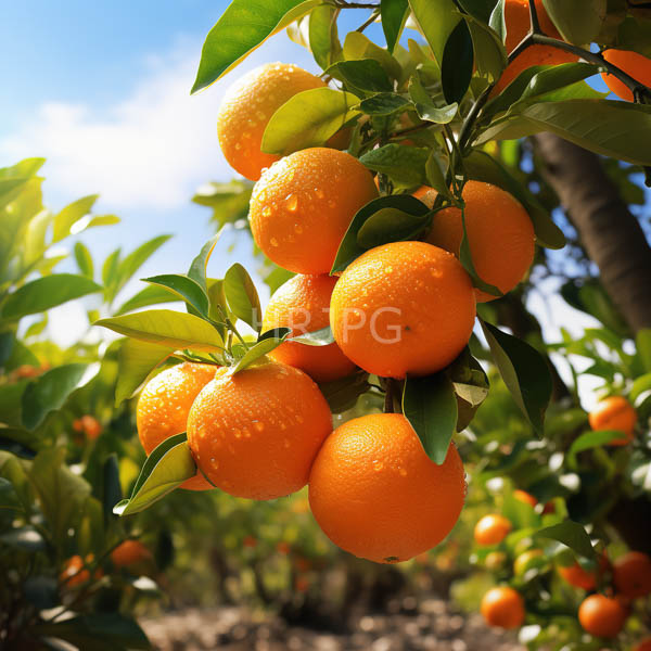 High Resolution: Sunlit orange tree with vibrant textured orange fruits covered in dewdrops is surrounded by glossy green leaves beneath a clear blue sky download. | HRJPG.com