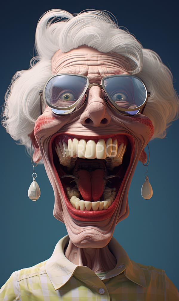 High Resolution: Elderly woman with white curly hair and large blue glasses has an exaggeratedly wide toothy grin exposing large yellowed teeth wearing a yellow-green checkered shirt download. | HRJPG.com