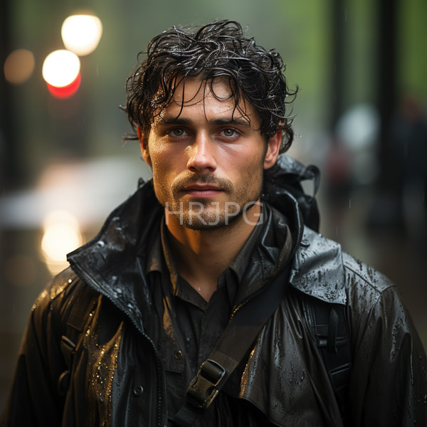 High Resolution: Handsome wet-haired light-skinned man with a slight beard wears a black rain-soaked hooded jacket and a strap across his chest with a serious expression download. | HRJPG.com