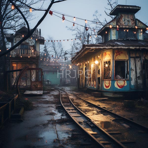 High Resolution: Rustic weathered train station at dusk features rain-soaked tracks leading to colorful graffiti-covered buildings with string lights hanging overhead download. | HRJPG.com