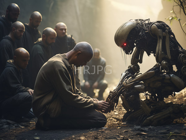 High Resolution: Bald dark-skinned man in a beige hoodie kneels touching a glowing red-eyed humanoid robot while eight similarly dressed men sit in the misty forested background download. | HRJPG.com
