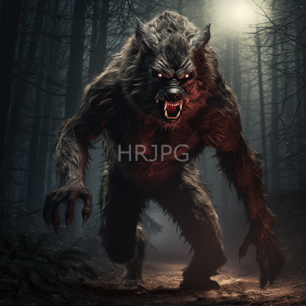 High Resolution: Terrifying werewolf with a muscular hairy dark gray and red-furred body glowing red eyes and sharp blood-stained claws stands in a dark misty forest download. | HRJPG.com