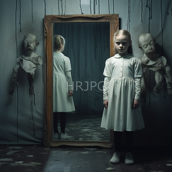 High Resolution: Young blonde girl with pale skin wearing a long-sleeved white buttoned dress stands in front of an ornate wooden-framed mirror reflecting her back download. | HRJPG.com
