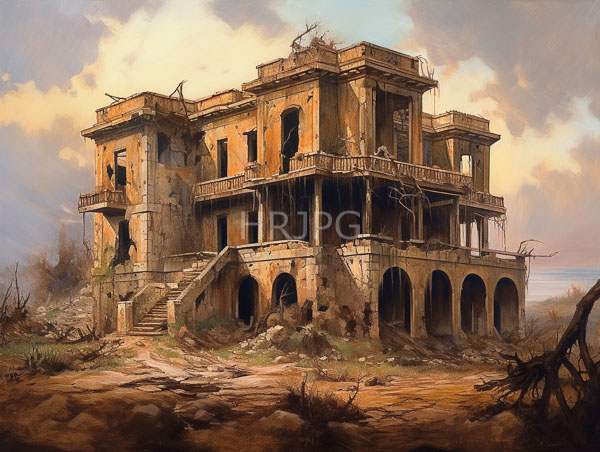 High Resolution: Detailed realistic oil painting depicts a dilapidated two-story stone mansion with arched windows missing roof tiles and overgrown vegetation download. | HRJPG.com