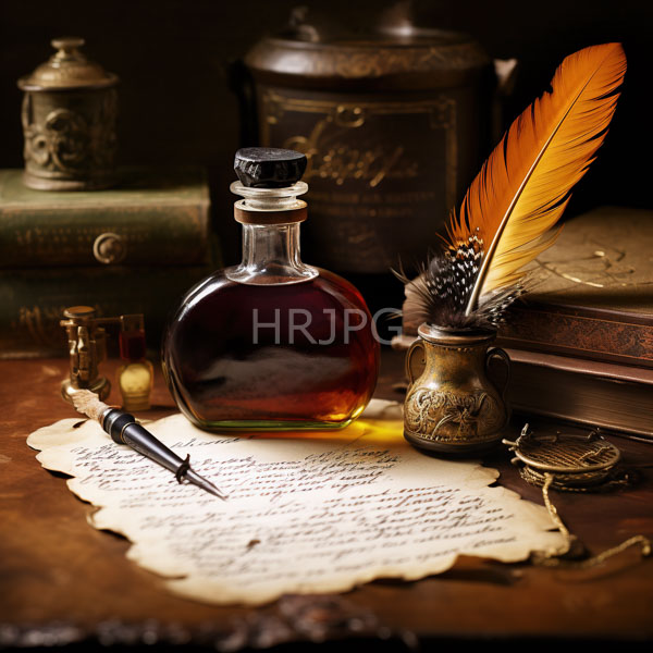 High Resolution: Vintage desk setup features a round glass bottle a brass inkwell with a feather quill an antique pen and a yellowed parchment with cursive writing download. | HRJPG.com