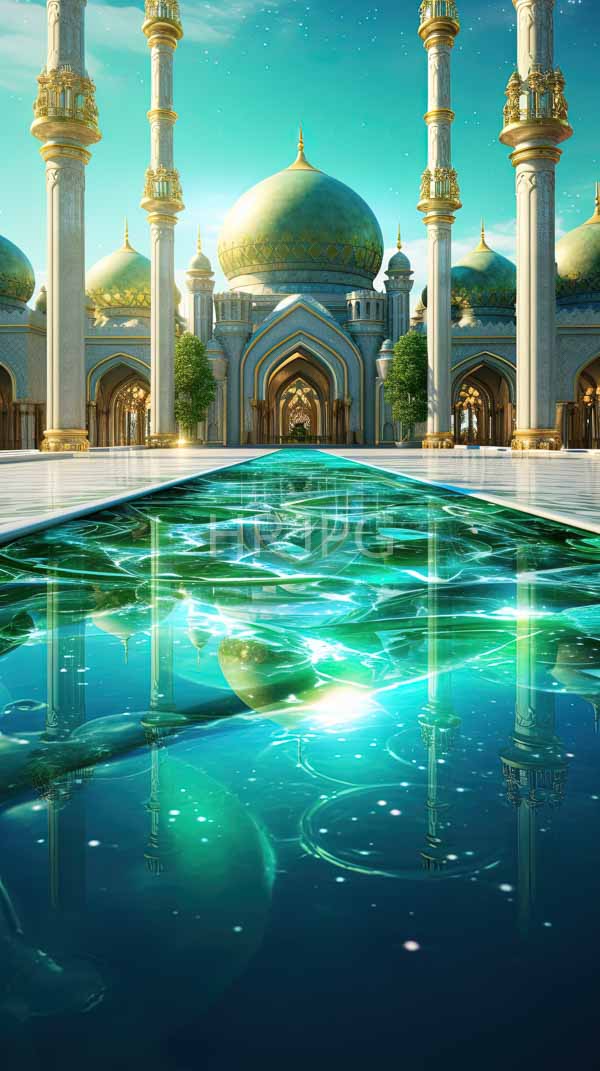 High Resolution: Luxurious golden-domed mosque with intricate architecture is framed by tall ornate columns and features a reflective turquoise pool running through the center download. | HRJPG.com