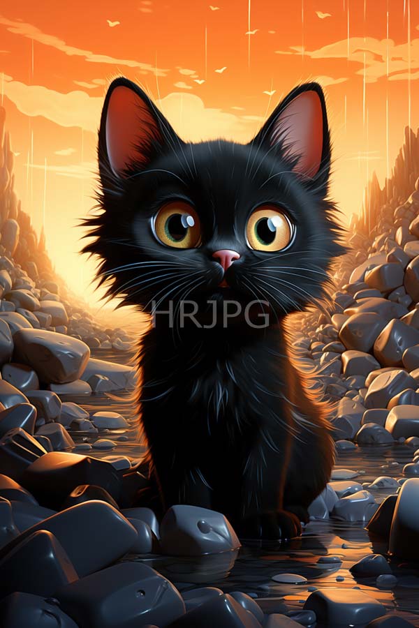 High Resolution: Cute wide-eyed black kitten with large yellow eyes sits on a rocky path during a rainy sunset with a vibrant orange sky download. | HRJPG.com