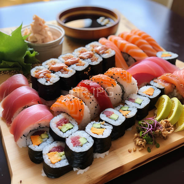 High Resolution: Colorful sushi platter on a wooden board features various sushi rolls with vibrant fillings including salmon tuna and shrimp topped with sesame seeds download. | HRJPG.com