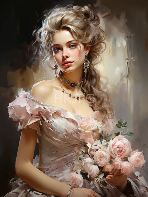 High Resolution: Beautiful fair-skinned woman with voluminous wavy blonde hair wears an off-shoulder pink floral dress adorned with delicate roses and holds a bouquet download. | HRJPG.com