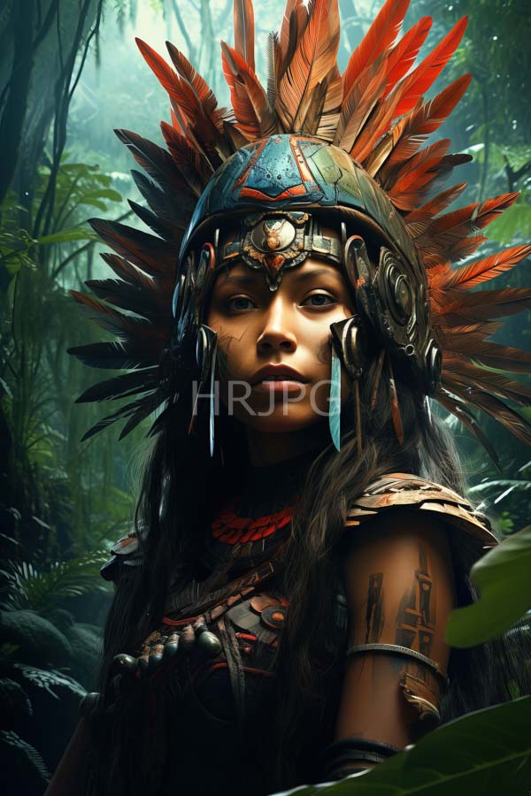 High Resolution: Young Native American woman with dark skin and long black hair wears a detailed feathered headdress with red and orange feathers and a metallic helmet download. | HRJPG.com